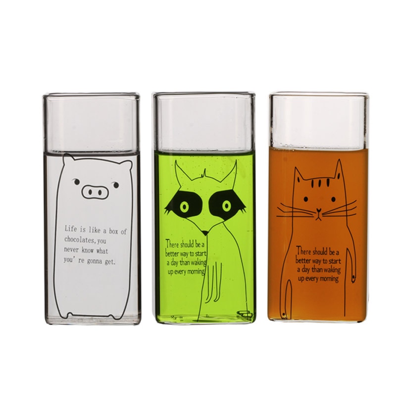 Transparent Cute Animal Pattern Glass Cup Household Coffee Milk Breakfast Drink Mug Student Square Cup Heat-resistant
