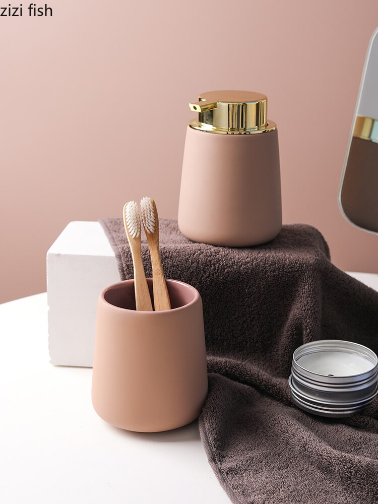 Simple Ceramic Hand Sanitizer Shampoo Bottle 350ml Portable Soap Dispenser 400ml Mouth Cup Golden Squeeze Cover Bath Supplies