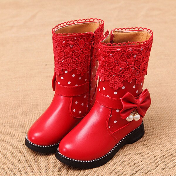 Mumoresip 2022 meninas inverno botas de borracha rendas flores borboleta-nó pontos pérola pingente princesa algodão quente crianças botas: Vermelho / 13