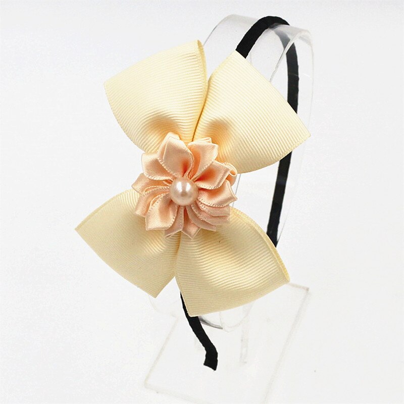 Diademas de lazo de para niña, Aro para el pelo con perlas y flores, lazos de princesa, diadema para niña, accesorios para el cabello: Beige