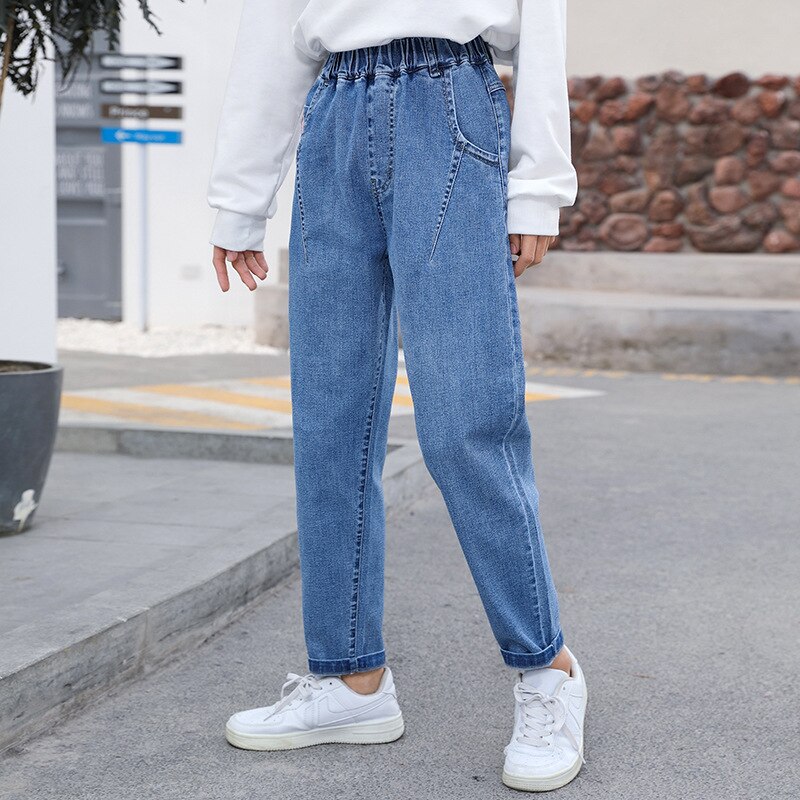 Lente Peuter Meisje Jeans Broek Katoen Elastische Taille Denim Broek Voor Tiener School Meisjes Effen Kleur Kinderen Kleding