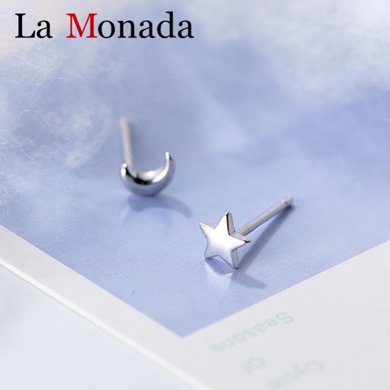 Stamp-pendientes de plata de ley 925 con forma de luna y estrella, joyería sencilla asimétrica, Mini, 5MM x 5MM, para niñas y niños