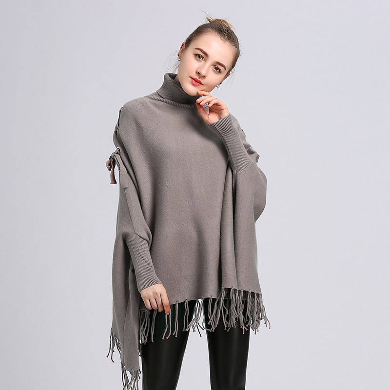 Noyau filé glands attache pull à col roulé en vrac manches chauve-souris pull Cape femmes automne hiver Poncho manteau: Kaki