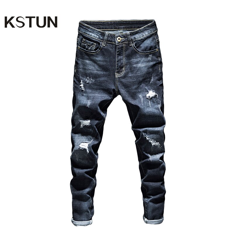 Pantalones vaqueros rasgados para hombre, ropa de calle con aberturas, color azul oscuro, elásticos, Pantalones largos