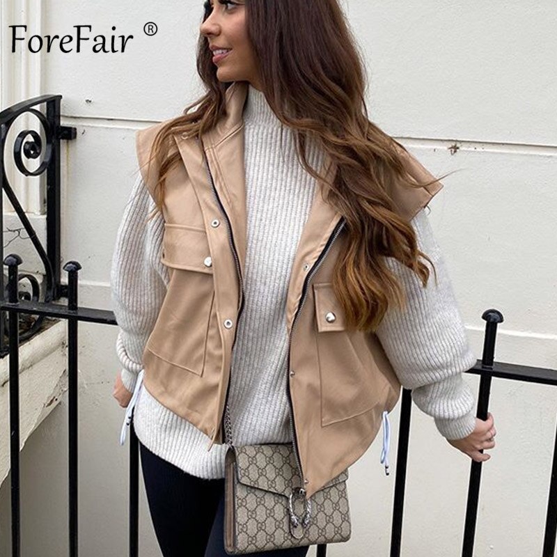 Kurtka zimowa Forefair czarny zamek bez rękawów dorywczo luźne opuszczane ramiona solidna szczupły nadwymiarowe kobiety kamizelka skórzana kurtka