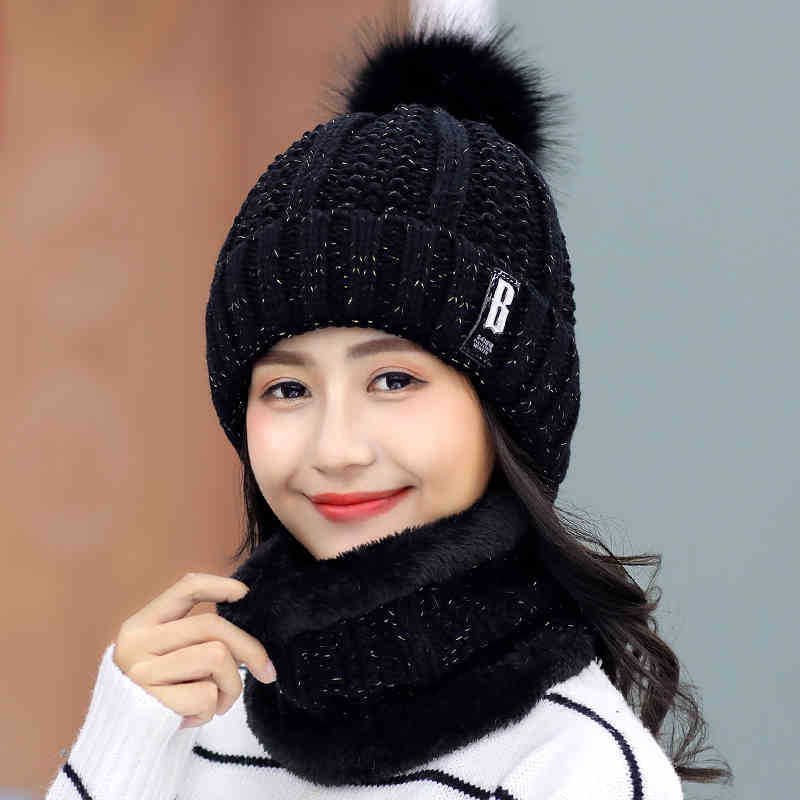 Tørklæde og hat sæt kvinder vinter plus fløjl fortykning hatte strikket trendy varme tørklæder koreanske kvinder solid sød studerende dagligt: Sort