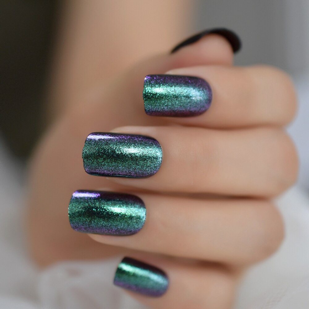 Vierkante Kameleon Medium Nagels Aurora SeaGreen Paars Glitter Ontworpen Nep Nagels Symfonie Kunstmatige Volledige Cover Nail Tips: L5223