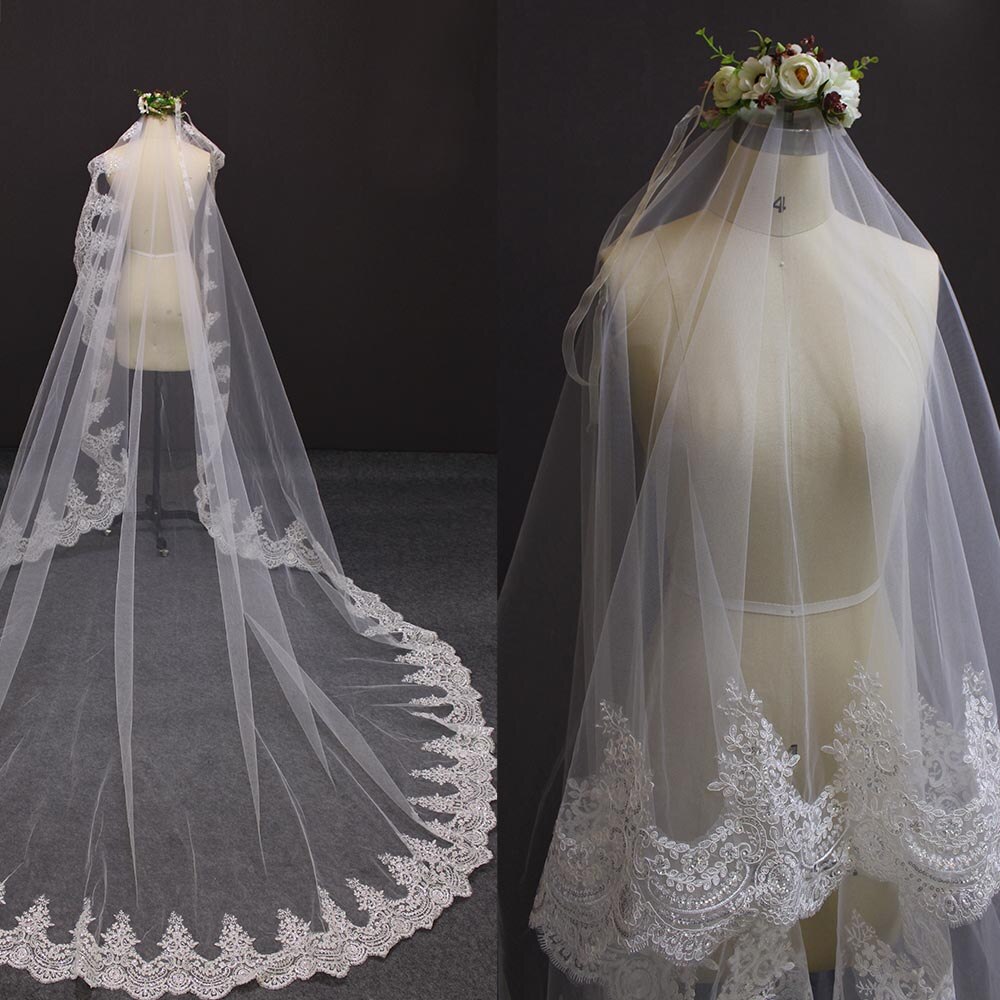 Sparkling Sequin Kant Bruiloft Sluier Zonder Kam Cover Gezicht 3 Meter Mantilla Bruidssluier Kathedraal Lange Bruid Accessoires