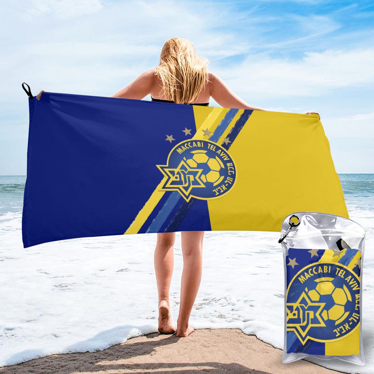 Izrael Maccabi Tel Aviv Fc szybkoschnący ręcznik kąpielowy ręcznik plażowy może być używany do Camping Fitness, szybkoschnący składany saszetka na pasek: 4 / 140cmx70cm