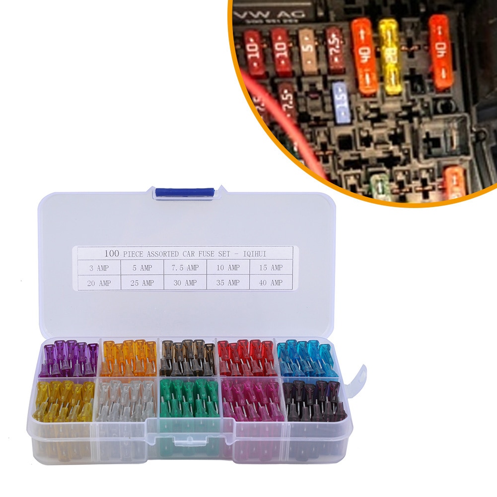 100 Uds surtido de fusibles de coche 3A 5A 7.5A 10A 15A 20A 25A 30A 35A 40A Amp con Clip de caja surtido de fusibles tipo cuchilla automática