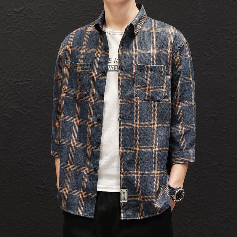 Syksyinen puolihihainen paita miesten slim fit villa rento ruudullinen paidat miesten vaatteet korealainen merkki plus koko m -4xl: 02 / Xxxl