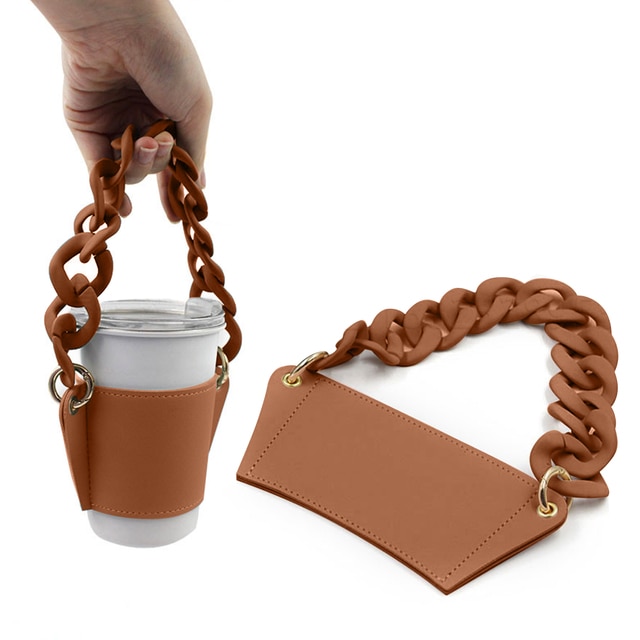 Gjenbrukbar kopp kaffehylse i skinn med kjede kaffe iskaffe erme skinn drikkeholder til kaffedrikker kaffepung: C