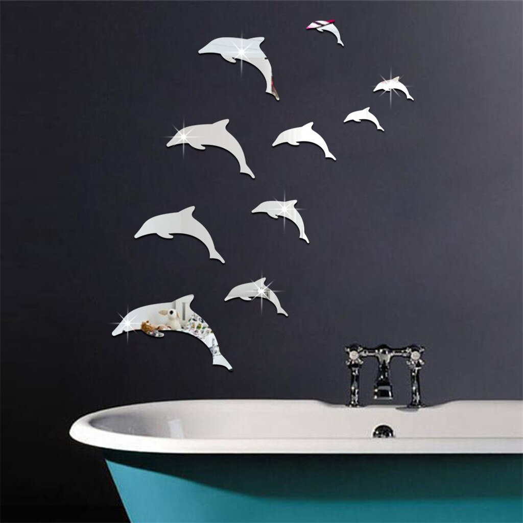 DIY Silver Dolphin Fish Mirror Wall Sticker Home Mural Ornament Wall Sticker Modern Animal Stickers for Home Decoration#0707LJC