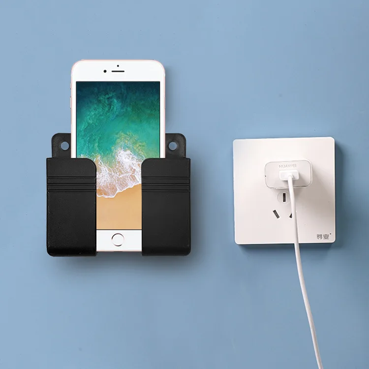 Wall Mounted Storage Box Multifunction Punch Free Organizer TV Remote Control DIY Mobile Phone Plug Charging Holder: black