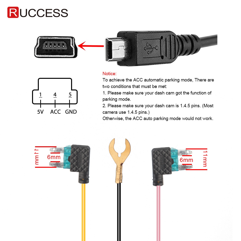 Kit de cable duro RUCCESS Mini USB 12V 24V a 5V 2.5A coche USB Auto cable de carga Kit de cable duro para coche DVR Dash Cam GPS adaptador de coche