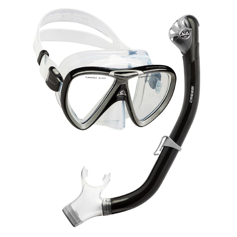 Cressi IKARUS-máscara de buceo, conjunto de esnórquel, máscara de silicona de secado superior, Combo de lentes de vidrio templado para adultos: BLACK SILVER