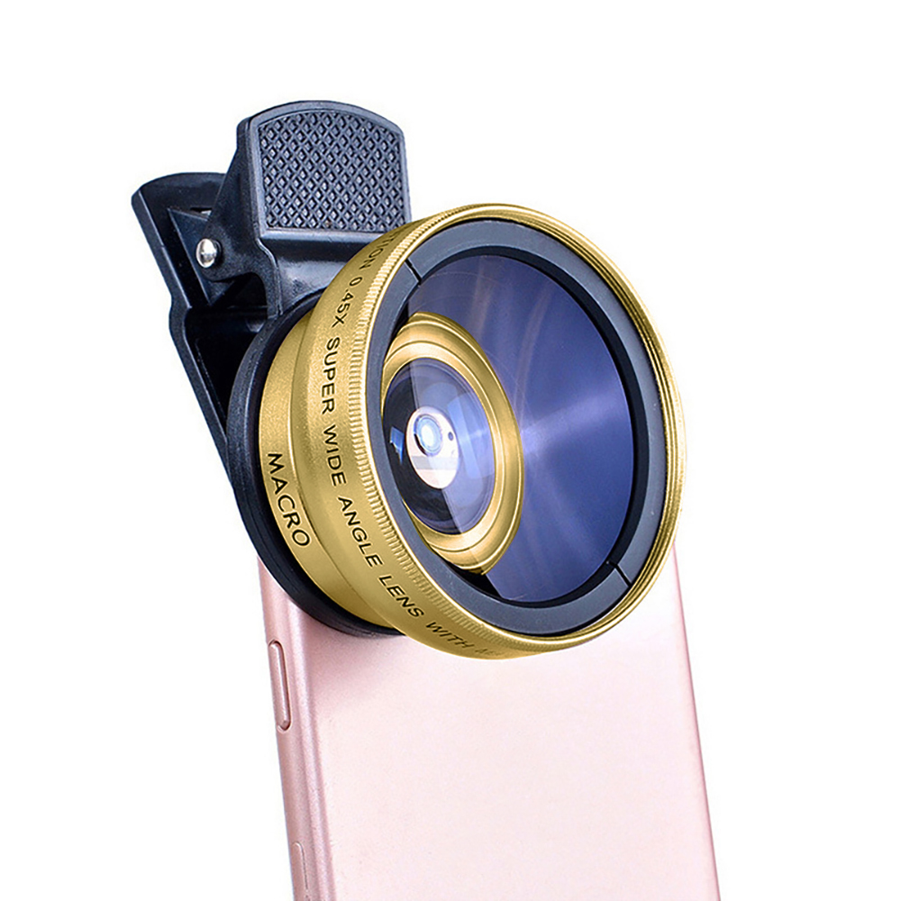Lente 2 en 1 de 37mm, Clip Universal para teléfono móvil, lente Super gran angular de 0.45x 49uv + lente Macro HD para iPhone y Android: Gold