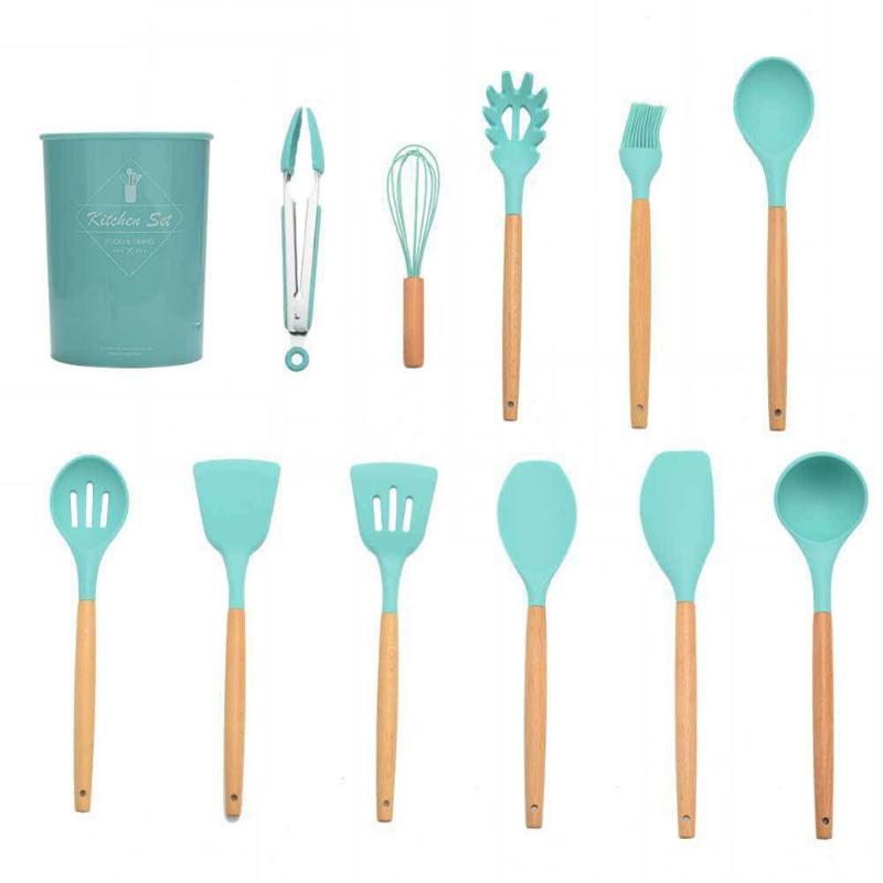 12PCS Silicone Kitchenware Cooking Utensils Set Heat Resistant Kitchen Non-Stick Cooking Utensils Baking Tools With Storage Box: Mint Green