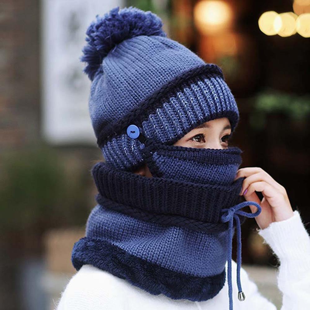 Gebreide wollen muts gebreide muts dames sportkleding plus fluweel 3 stuks/set masker sjaal set winddicht paardrijden warme buitenactiviteiten: Blauw
