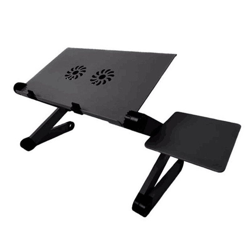 Justerbart foldbart bærbart skrivebord med køleventilator ergonomisk bærbar seng lap skrivebakke pc bord notesbog skrivebordsstativ med musemåtte: Sort dobbelt blæser