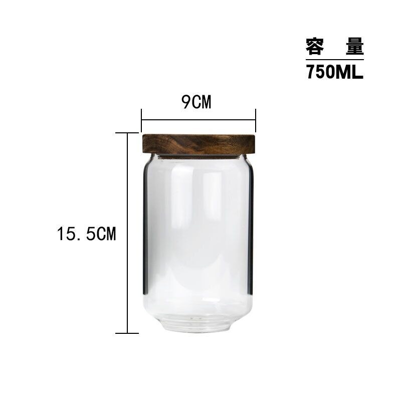 Storage tank Transparent lid glass sealed jar acacia wood lid glass storage tank vacuum candy food storage container: 750 ml