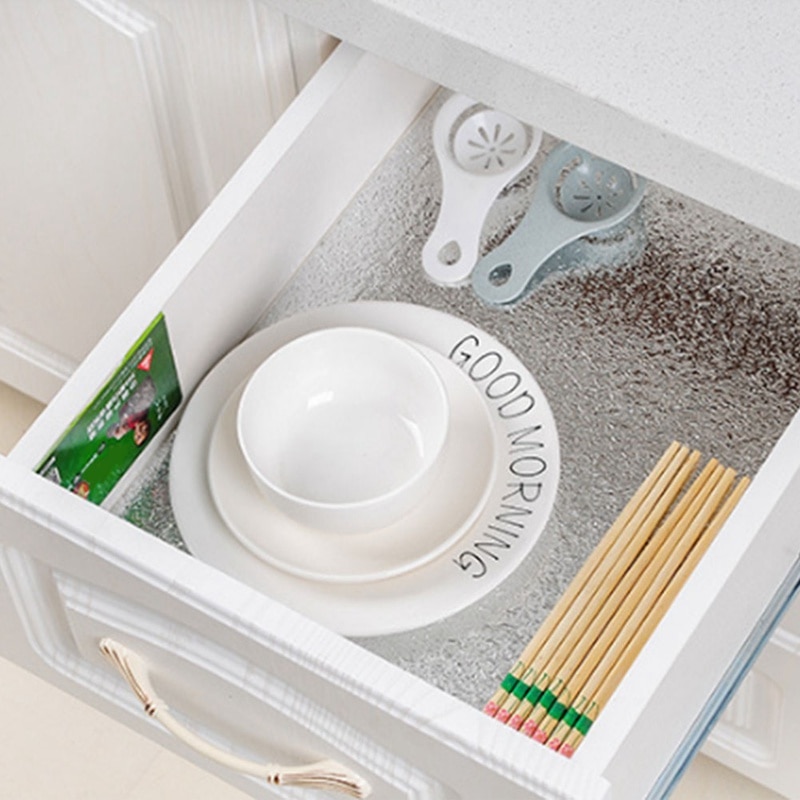 1 rollo de esterilla para cajones de cocina resistente al agua, pegatinas de lámina resistentes al aceite, autoadhesiva, pegatina de aceite para armario, lámina de aluminio