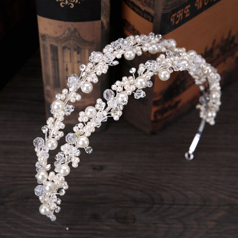 GETNOIVAS Women Double Row Pearl Crystal Beads Headband Hairband Tiara Princess Bridal Wedding Crown Hair Jewelry Accessories SL: Default Title