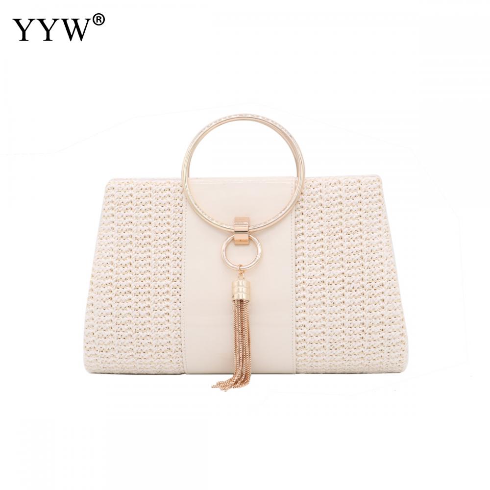 Summer Straw Women Evening Clutches Bag PU Leather Female Gold Tassel Weave Bag Ladies Envelope Purse For Party Handbags Yellow: white