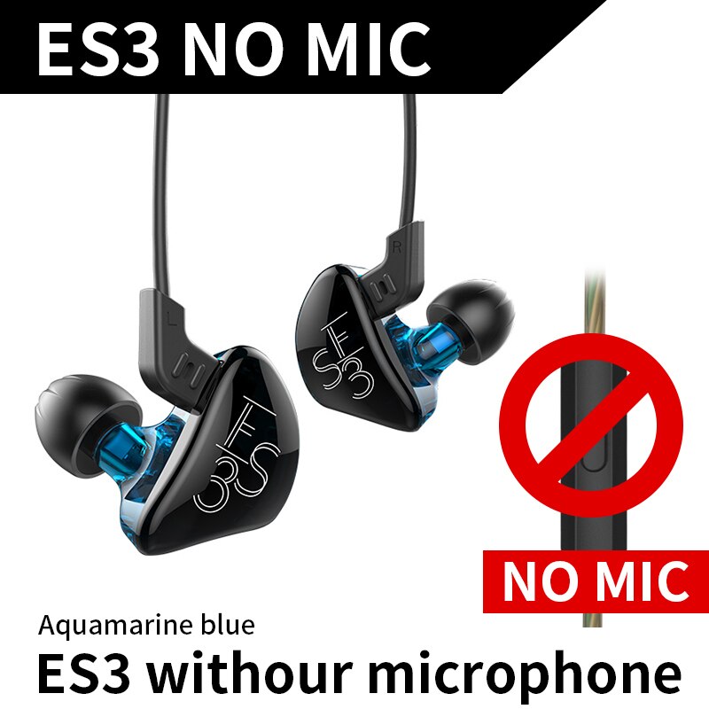 Kz  es3 1dd+1ba hifi sport in-ear øretelefoner dynamisk driver støjreducerende headset erstatningskabel  zs10 es4 zs3 ed12 zst zsn: Blå ingen mikrofon