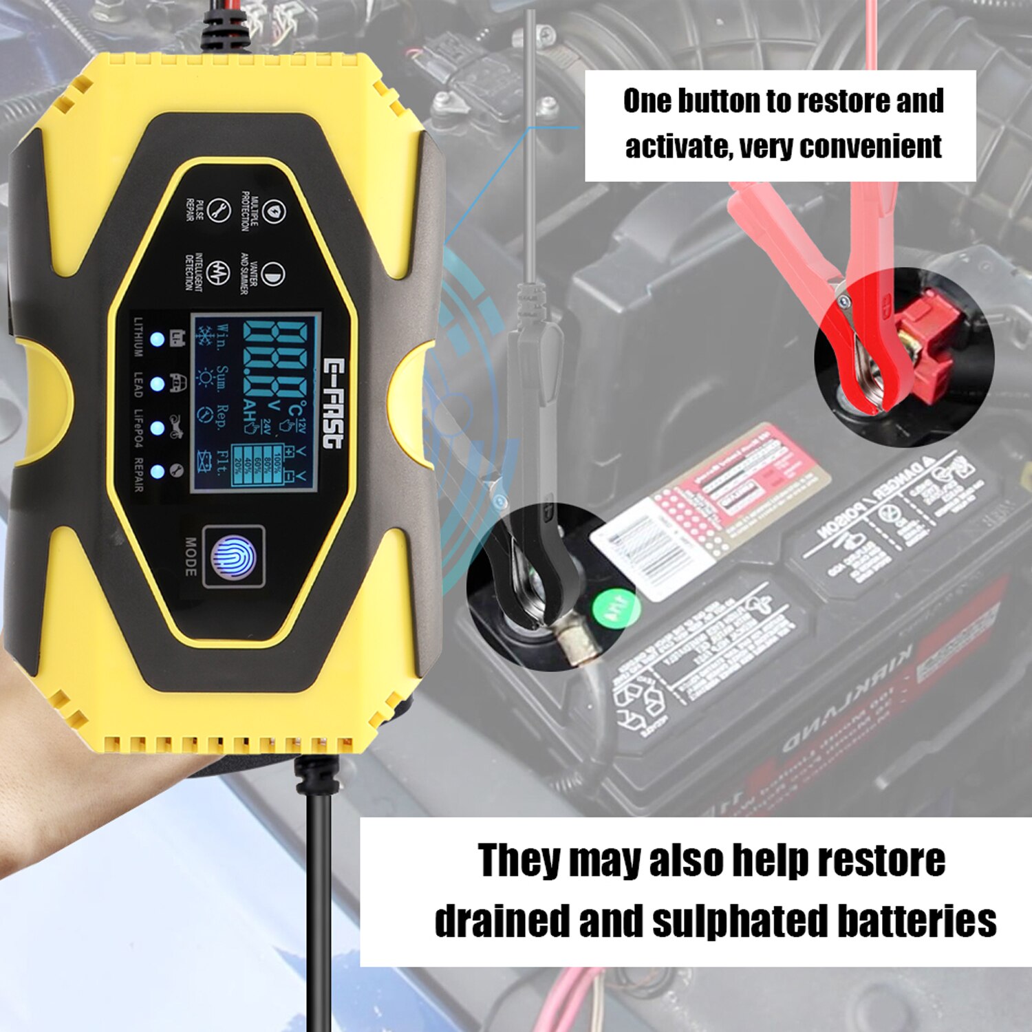 12V6A-24V3A Automatic Pulse Repairing Battery Charge Device for Lithium Leadacid LiFePO4 Batteries Digital LCD Display