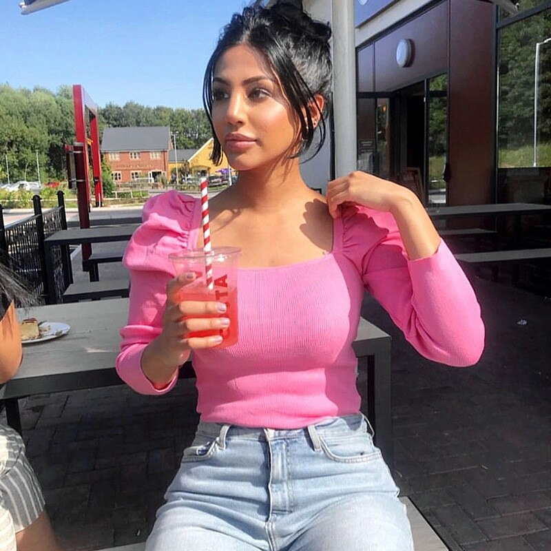 rétro femmes automne chemises couleur unie manches bouffantes col carré Slim Blouses hauts dames nu ventre chemise de fond