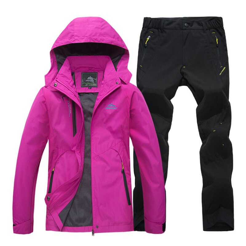 TRVLWEGO Woman Trekking Jackets Hiking Fishing Outdoor Coat&Pants Set Sports Single Jacket And Quick-drying Trouser Suit: Rosy black / XL