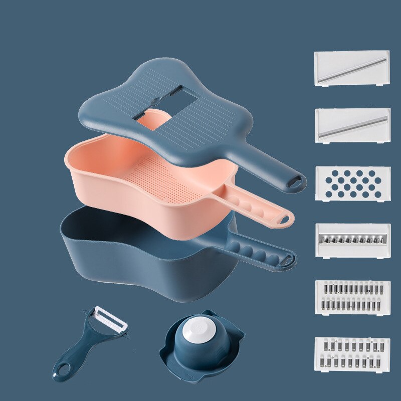 Multi Function Vegetable Cutter Kitchen Gadgets Kitchen Tools Fruit Slicer Grater Shredders Drain Basket Slicers Accessories: Deep Blue