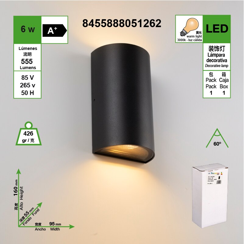 6w moderne stil sort halvcirkel lang led vandtæt væglampe, kan installeres indendørs og udendørs l