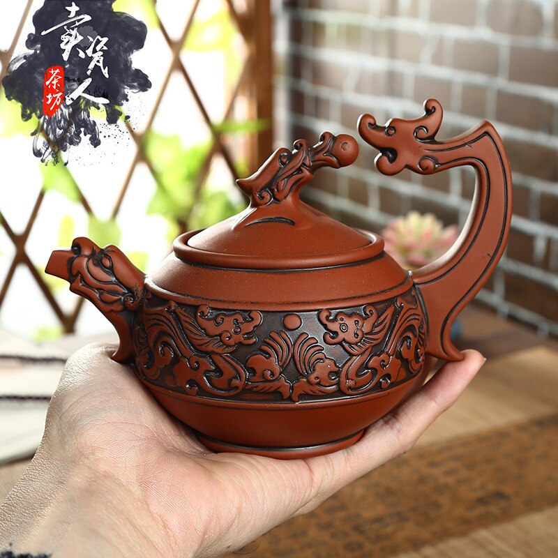 Chinese Traditionele Theepot Shuanglongxizhu, Handgemaakte Zisha Theepot 350Ml Rode Klei Antieke Theepot Keramische Gemengde Kleur Waterkoker MJ820