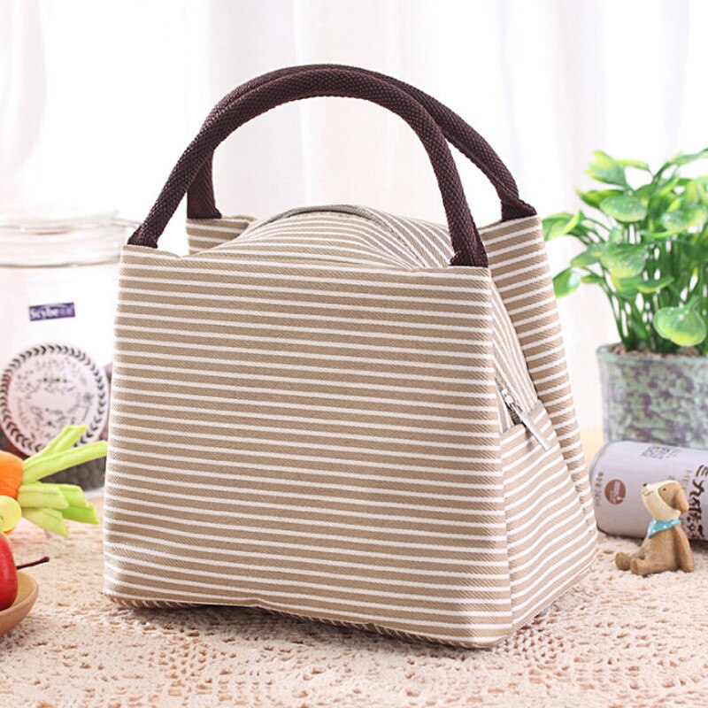 Bolsa de almuerzo a rayas para mujer, bolso isotérmico envasado de alimentos, bolsa térmica, bolsa de almuerzo para niños, bolsa de refrigerador: Beige