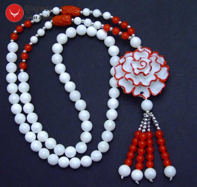 Qingmos-collar con colgante de cerámica roja para mujer, 40mm, flor, Tridacna, Concha blanca, almeja gigante, suéter de 26"