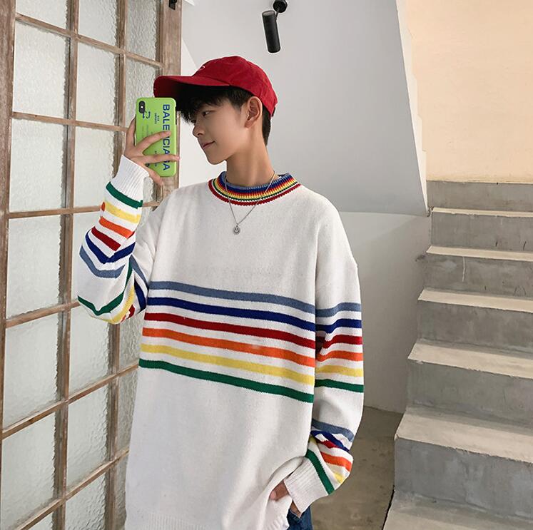 Rainbow striped sweater Korean autumn and winter loose knit men's sweaters