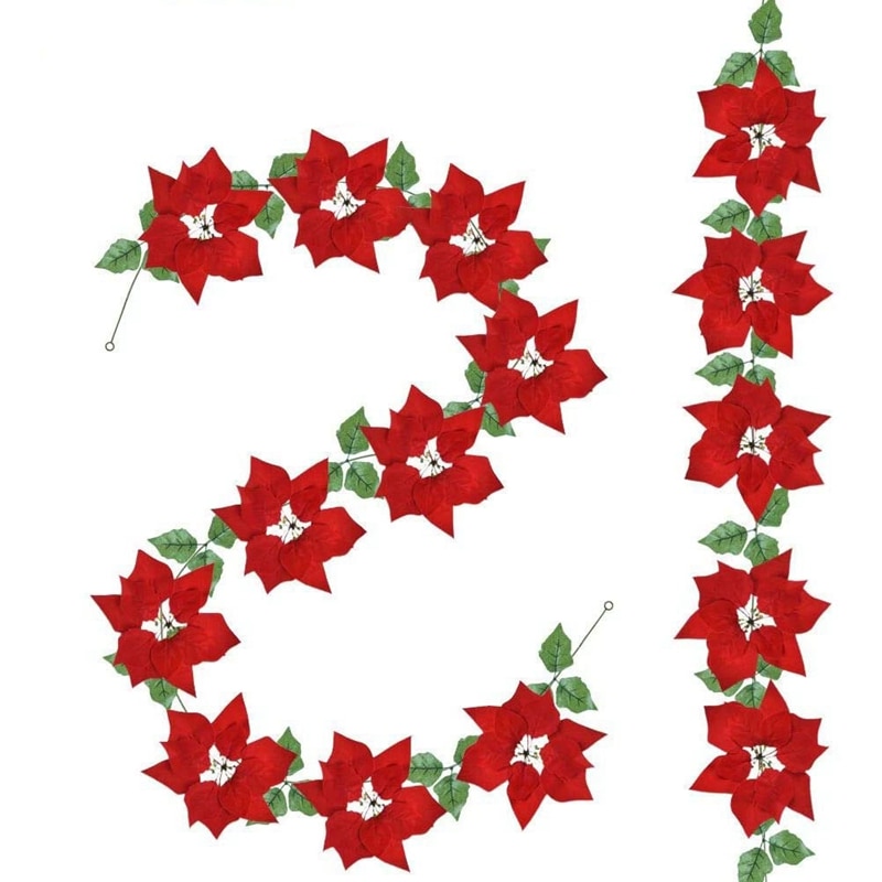 2Pcs Artificial Christmas Poinsettia Garland with Holly Leaves and Berries for Christmas Party Front Door Wreath Decor