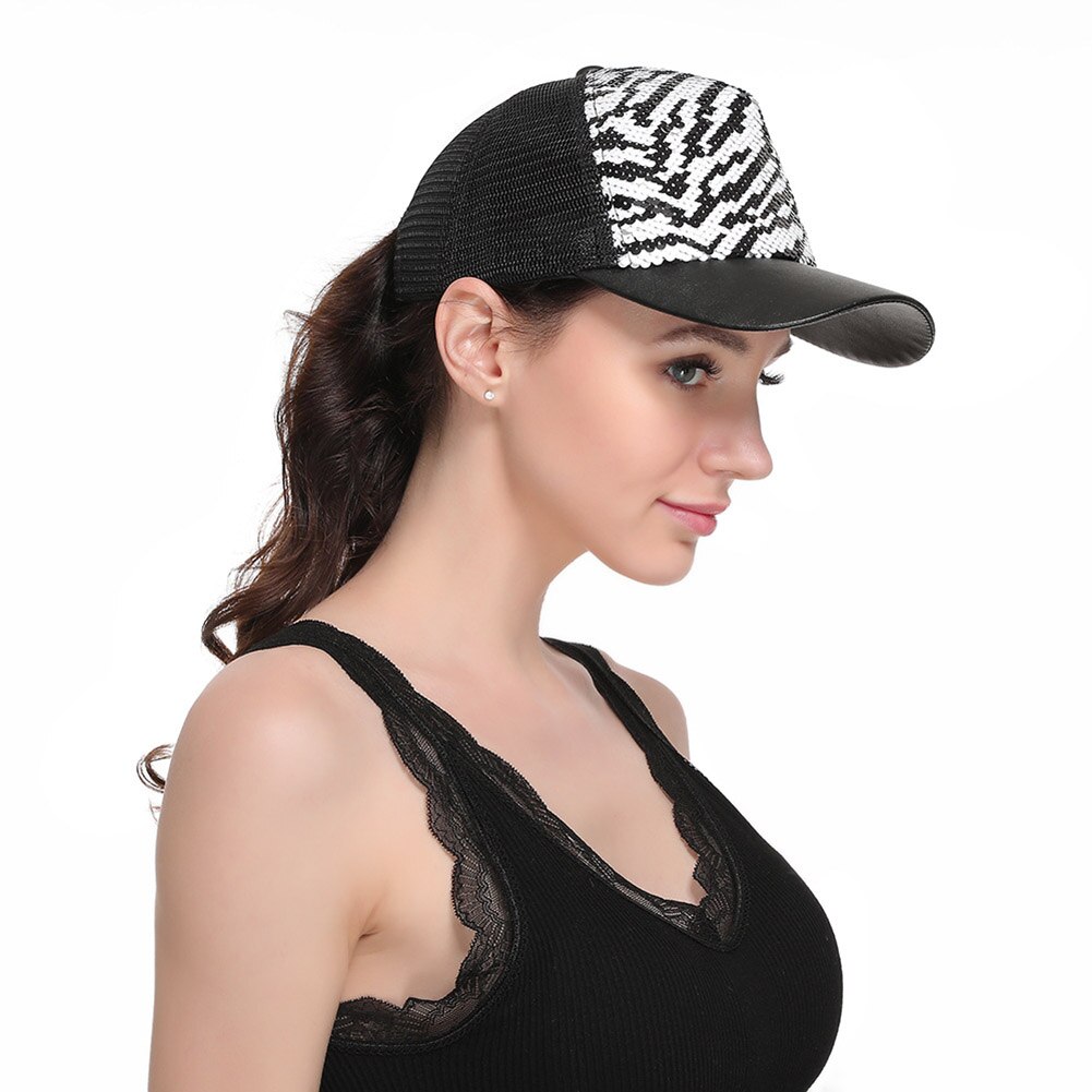 Mannen Vrouwen Baseball Hoed Dubbele Kleur Zebra-Streep Mermaid Pailletten Mesh Casual Cap -MX8