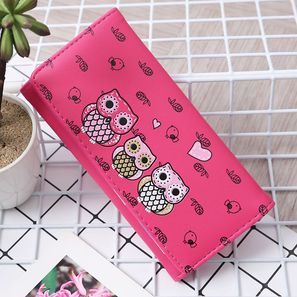 Owl Cute Printed Women Wallets Simple Retro Owl Printing Long Wallet Coin Purse Card Holders Handbag Credit Card Holder#3: Hot Pink