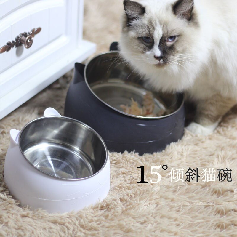 200ml Cat Bowls 15 Degrees Tilted Stainless Steel Dod Bowl Non-slip Base Puppy Pet Food Drink Feeder Neck Protection Dish Bowl
