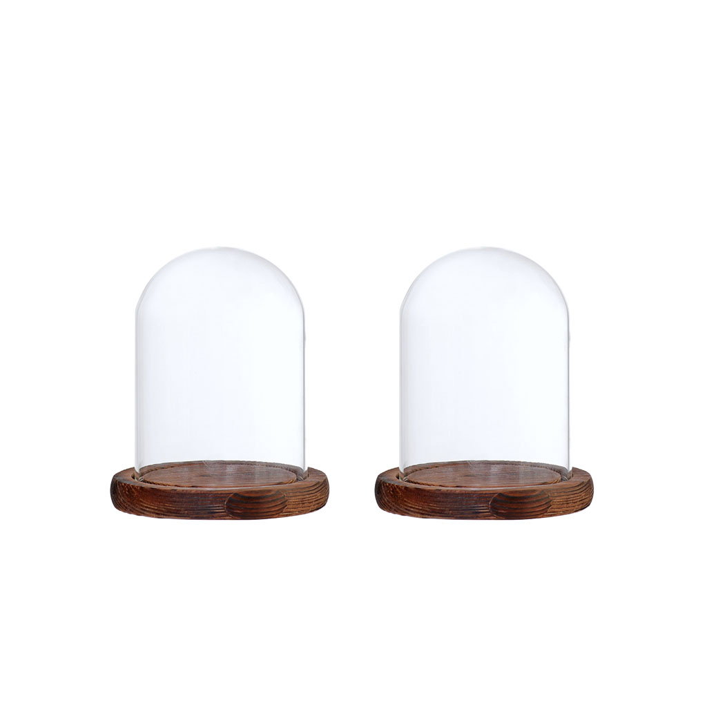 Cúpula de cristal transparente con Base de madera para decoración, soporte de exhibición para centro de mesa de boda en casa, color marrón, 9x12cm, 2 unidades