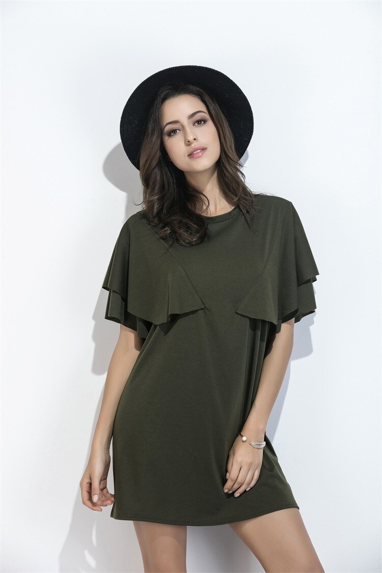 Army Green Summer Women Dress Round Neck Butterfly Sleeve Casual Loose Knitted Shift Mini Dress 1477