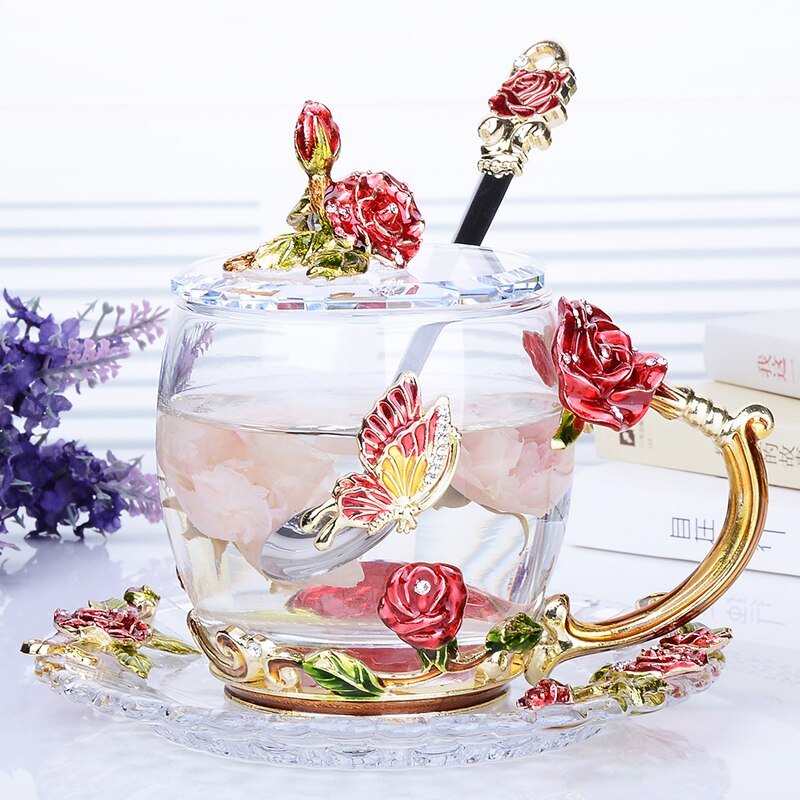 Rose Blossom En Strass Versierd Emaille Koffie Cup Beker Bloem Thee Glas Melk Cups Legering Handgreep Kopjes En Mokken