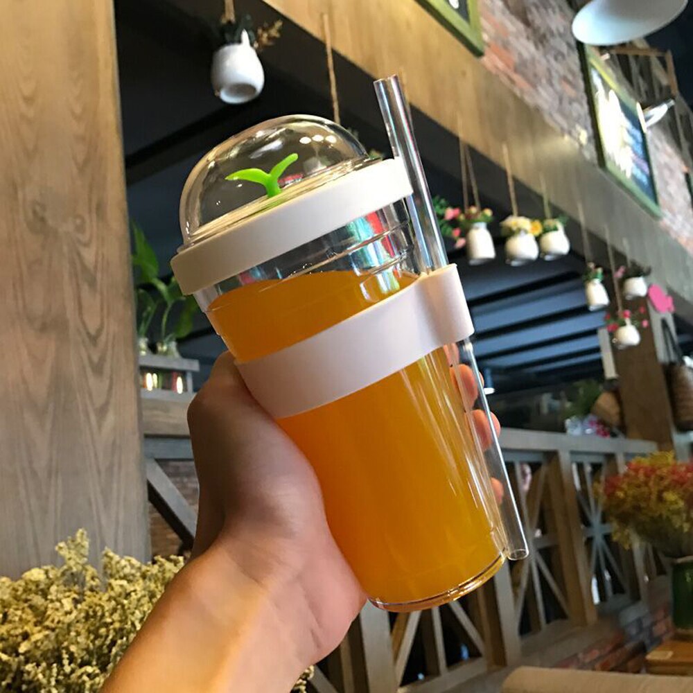 Bärbar plastbubbla te bubbla tebryggare återanvändbar plast kaffekopp läckagesäker kopp kopp te sport tumlare med halm: Vit / 480ml
