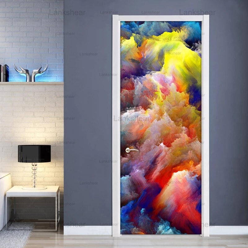 3D Deur Sticker Kleur Wolken Abstract Wall Art Schilderen Pvc Zelfklevende Waterdichte Pvc Muurschildering Behang Home decor: 77x200cm