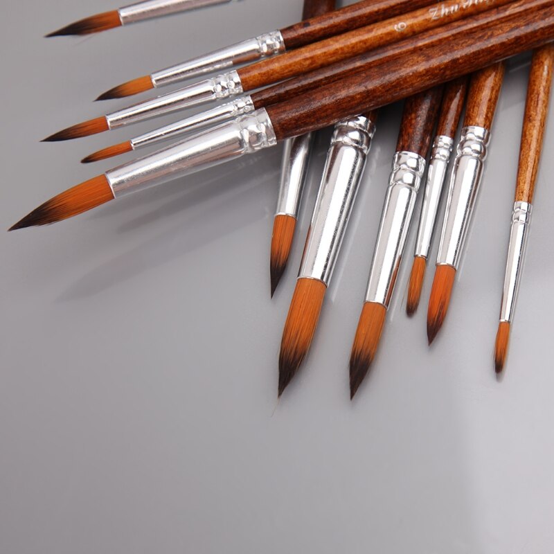 12 Stuks Artists Paint Brush Set Nylon Haar Acryl Aquarel Ronde Wees Tip