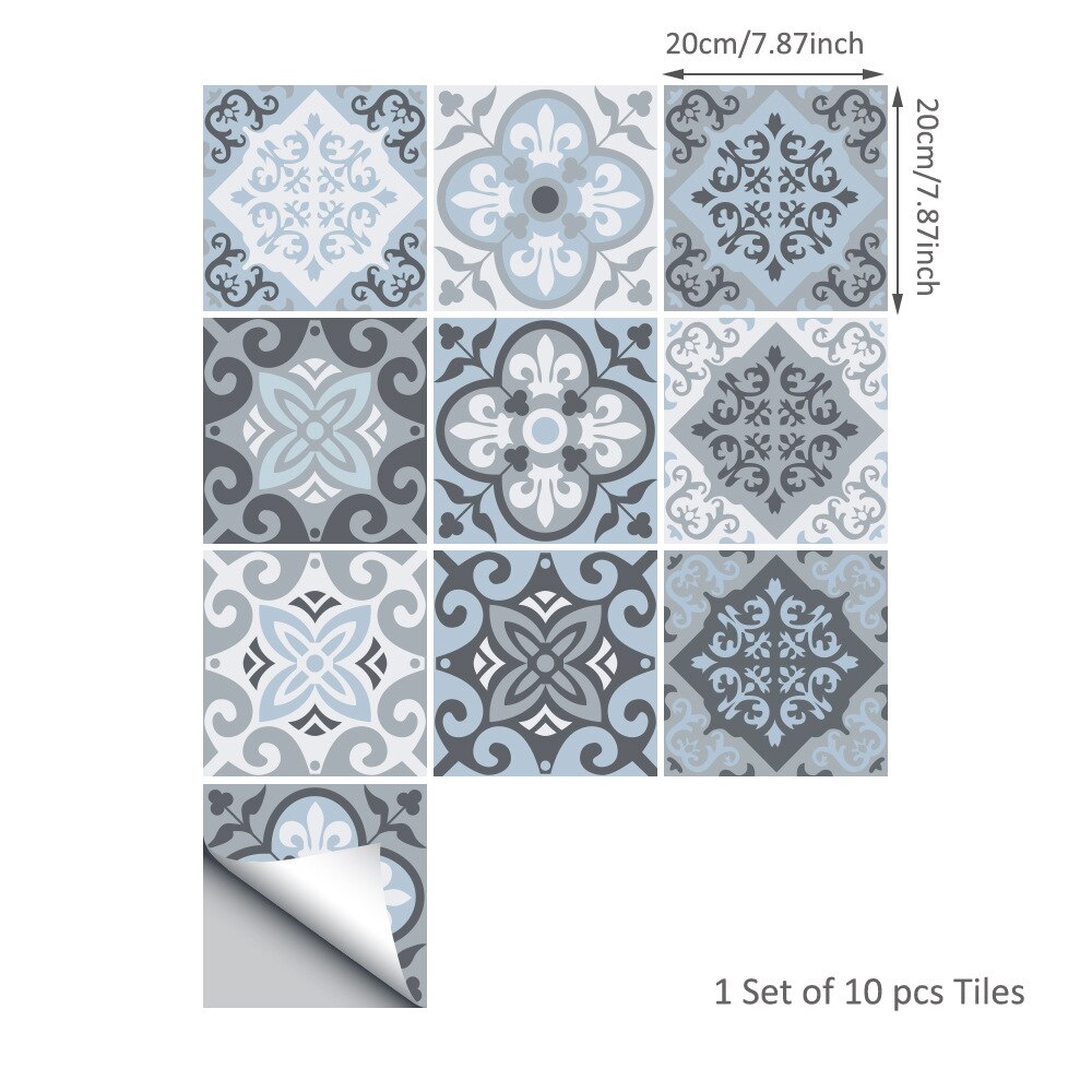 10Pcs Mediterranean Blue Geometric Tile Stickers Bathroom Kitchen Home Anti-skid Wall Stickers DIY Stickers Wallpaper: 20x20cm