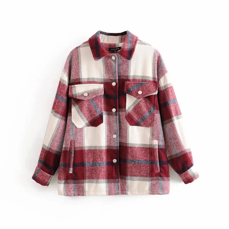 Vintergrön rutig jacka kappa dam streetwear långärmad tjock ullrockficka överdimensionerad lapel höstskjortor kappor: Grå röd / Xl